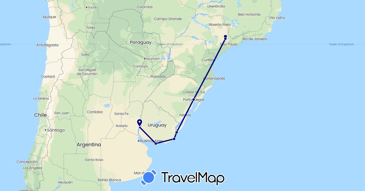 TravelMap itinerary: driving in Brazil, Uruguay (South America)